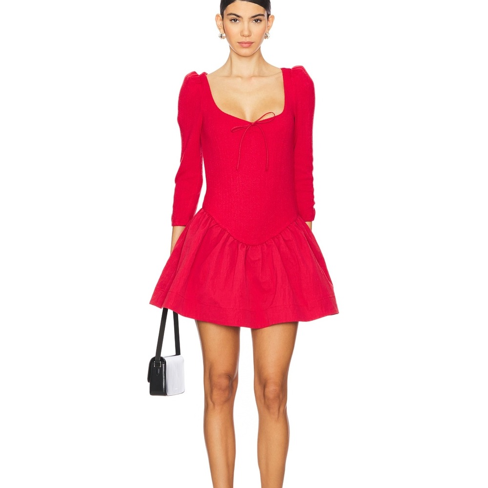 For Love and Lemons Aliyah Pointelle Mini Dress Red Long Sleeve Womens‎ Size S